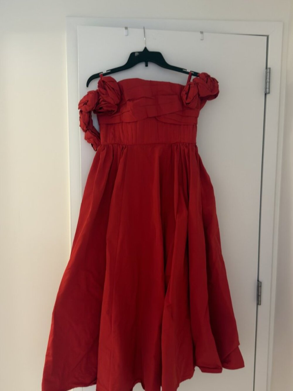 Rachel Gilbert Red Rosette Off Shoulder Corset Midi Dress US 6